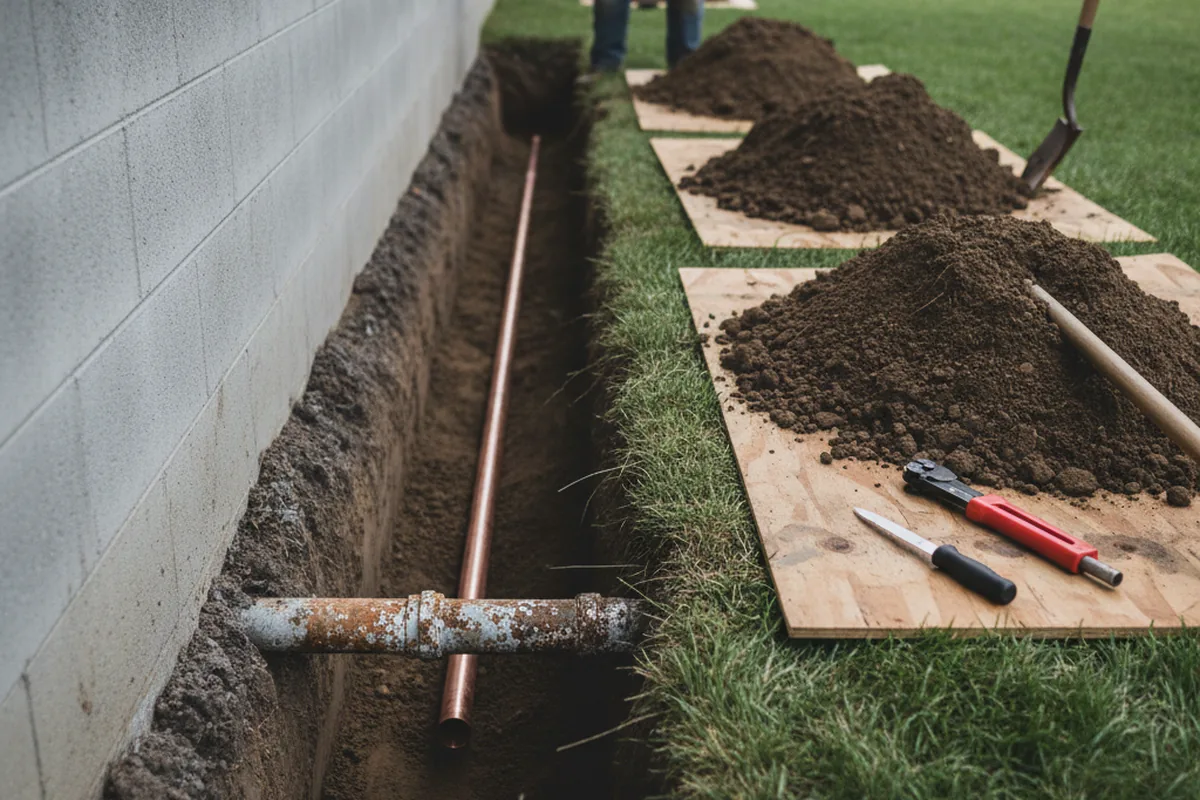 Excavated water line trench during Sewer Line Repair in Pine Lake